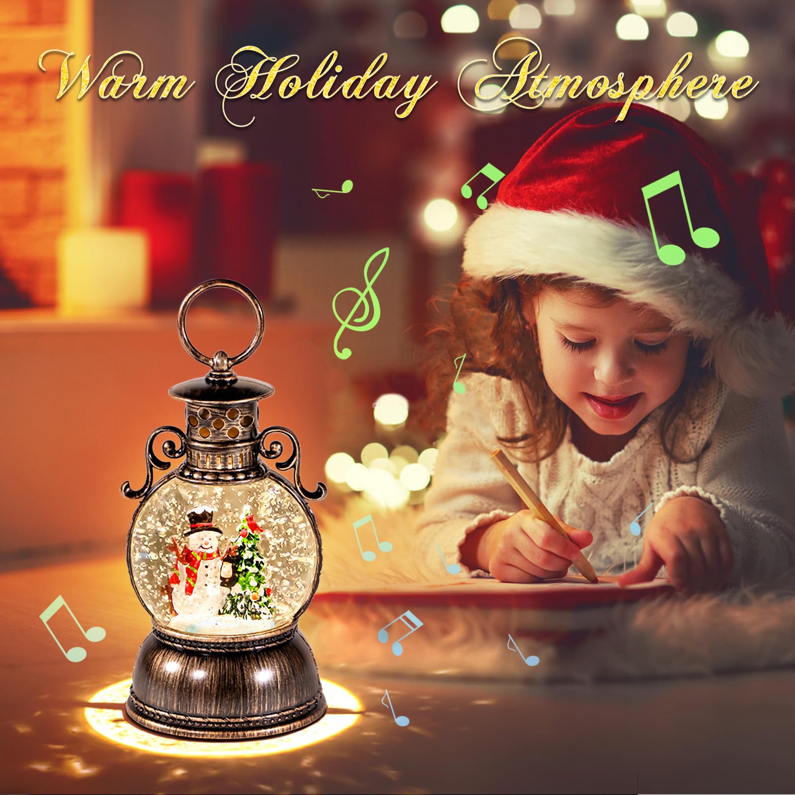 Weihnachts-Schneekugeln, Laterne, Musik, 6H Timer, Zylinder, Glitzer, Schneekugel, Bronze, mit Spieluhr, inklusive 8 Liedern, Laterne mit Weihnachtsbaum, Schneemann, Dekor