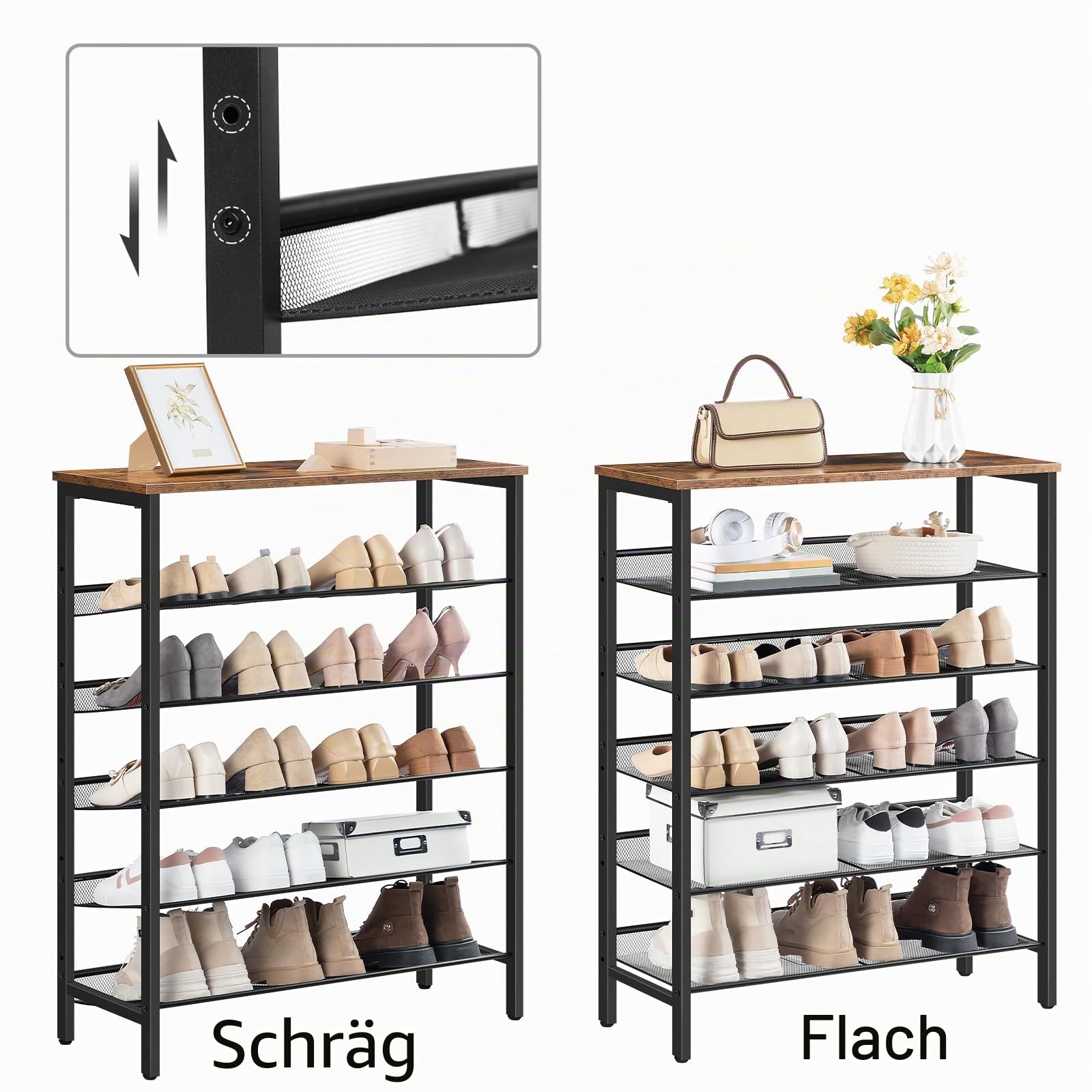 HOOBRO Schuhregal, 6-lagiges Schuhschrank, Verstellbares Schuhablage, Flach und Neigbar, für 18-24 Paar Schuhe, Stabil, Eingang, Korridor, Industrie, vintagebraun-schwarz EBF16XJ01