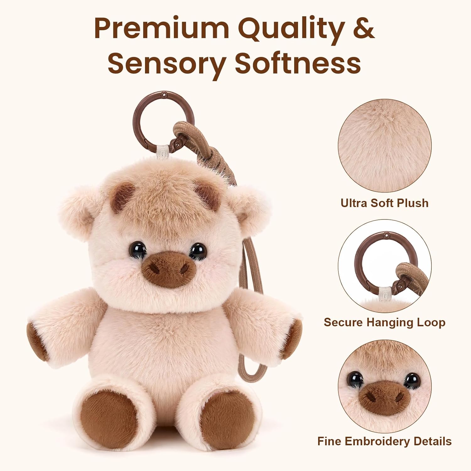 Running Highland Cow Plush Keychain, 5.9 Inch Mini Bag Charm, Khaki image 3