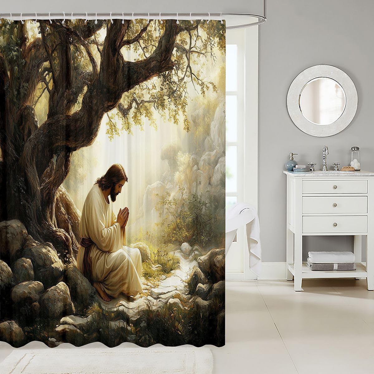 Manfei God Praying Kids Shower Curtains,Spiritual Western Bible Verse Bathroom Curtain,The Garden of Gethsemane Home Decor,Gray Yellow Waterproof Curtains,12 Hooks Suits,72" W x 84" L