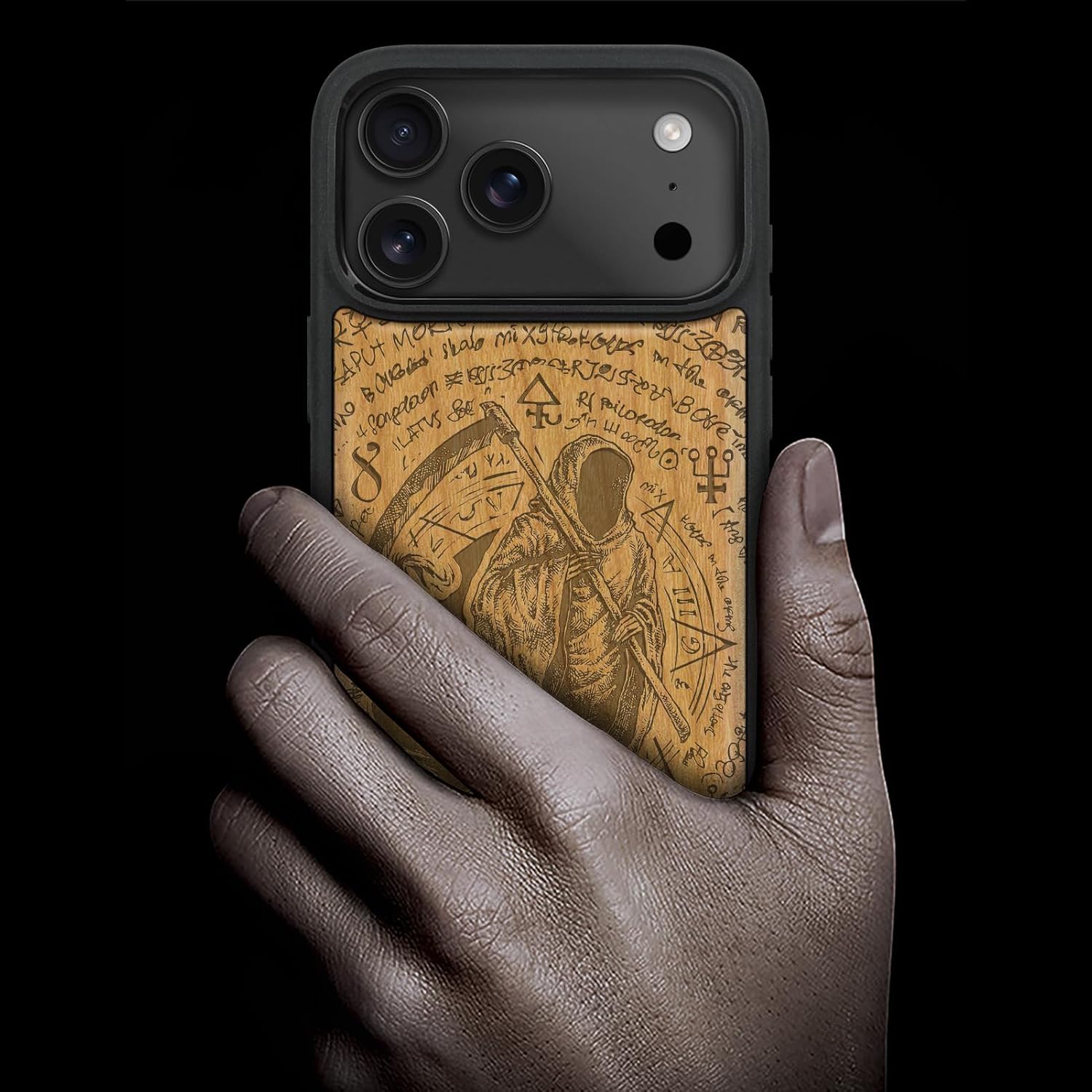 Carveit Magnetic Wooden Case for iPhone 17 Pro Case, Wood Artisan Engraved & Black Soft TPU Shockproof Cover, Compatible with MagSafe Wireless Chargers (The Grim Reaper of Carved) Cherry