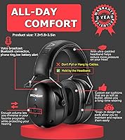 Vista 7 de PROHEAR Auriculares de protección auditiva Bluetooth 5.0 037 con batería recargable de 1100 mAh, 25 dB NRR de reducción de ruido con tiempo de negro