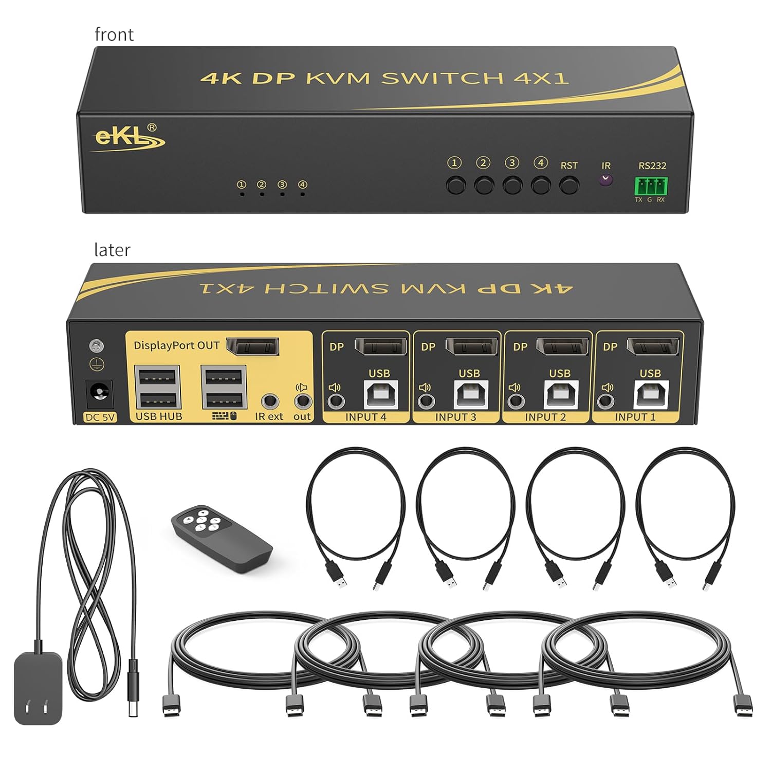 eKL KVM Switch Displayport 4 Port DP 1.2 4x1 Supports 4K@60Hz 4:4:4 hotkey Switching Audio 4 PCs Sharing One Set of Keyboard Mouse