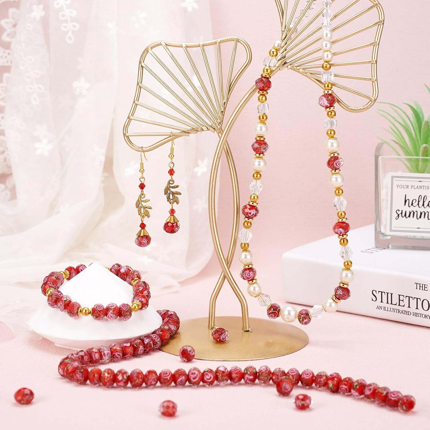 Craftdady 60Pcs Gold Sand Lampwork Glass Beads Faceted Rondelle Craft Spacer Beads Polished Handmade Floral Pattern Loose Beads for Jewelry Necklace Earring Bracelet, Red - Image 3