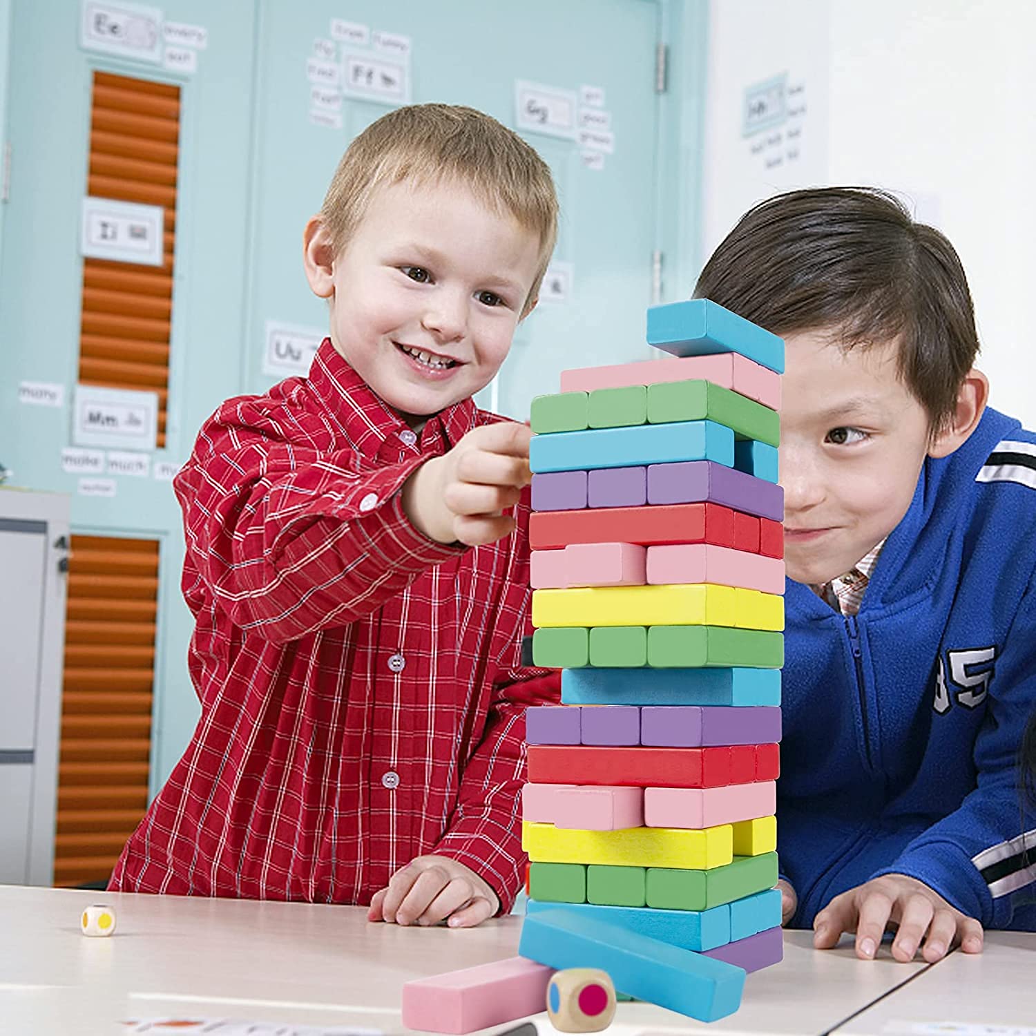 Kolorowa wieża kołysająca, kolorowa drewniana wieża do układania w stos, drewniana gra planszowa, klasyczna zabawka edukacyjna, klocki do układania w stos, zabawa rodzinna, klasyczne gry dla całej