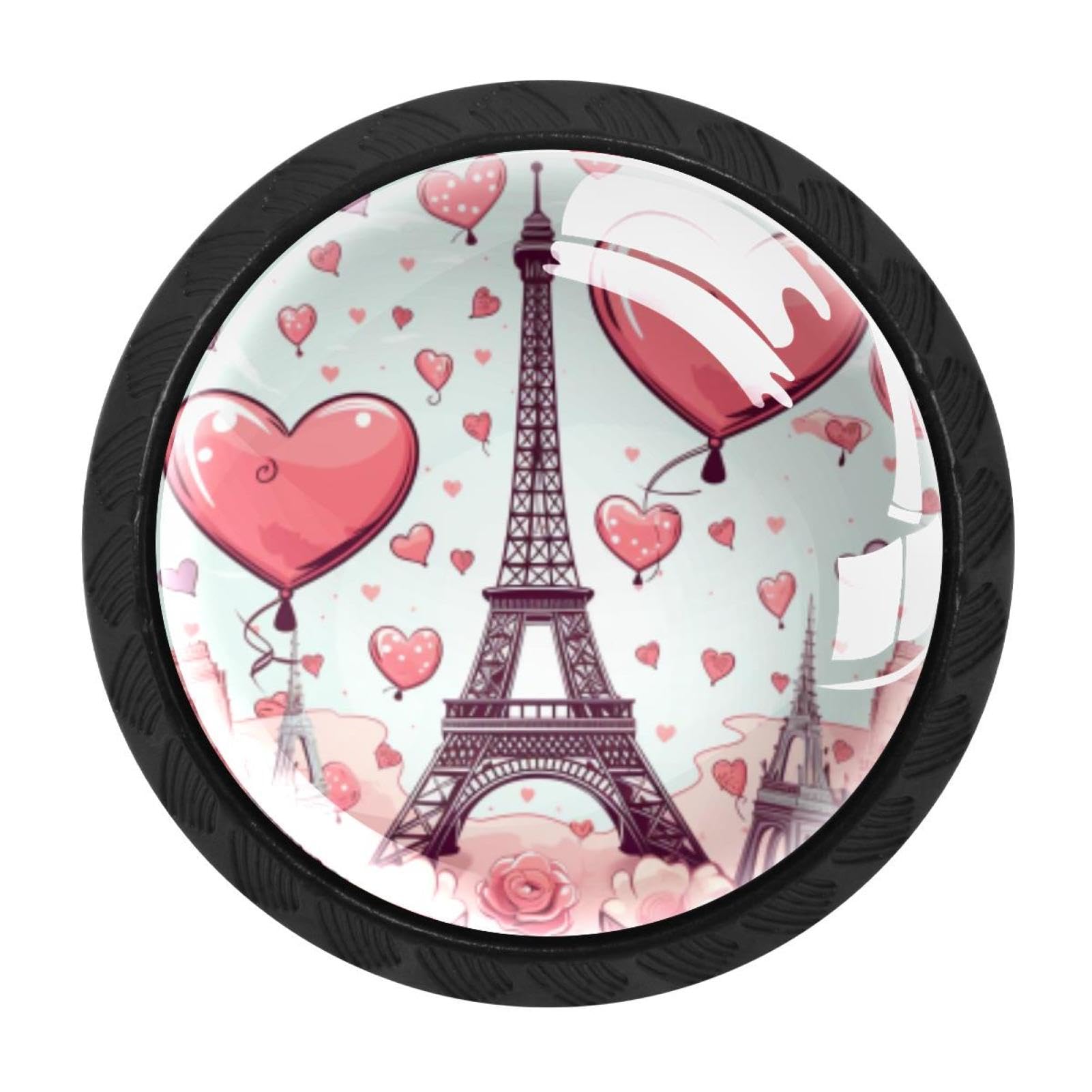 Chenzzzz Multicolored 09 4Pcs Round Cabinet Knobs For Home Wardrobe Office Kitchen Dresser And Cupboard Cute Eiffel Tower Valentine's Day Diy Glass Drawer Pull Handle With Screws