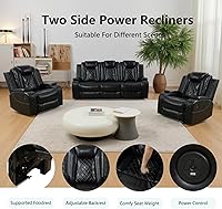Vista 7 de Juego de sofá reclinable eléctrico para sala de estar, sofás reclinables de cuero negro con puerto USB, sofá de cuero con sillón reclinable