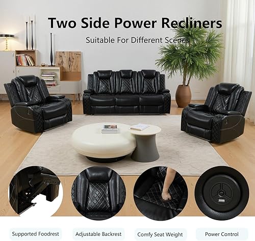 Miniatura 7 de Juego de sofá reclinable eléctrico para sala de estar, sofás reclinables de cuero negro con puerto USB, sofá de cuero con sillón reclinable