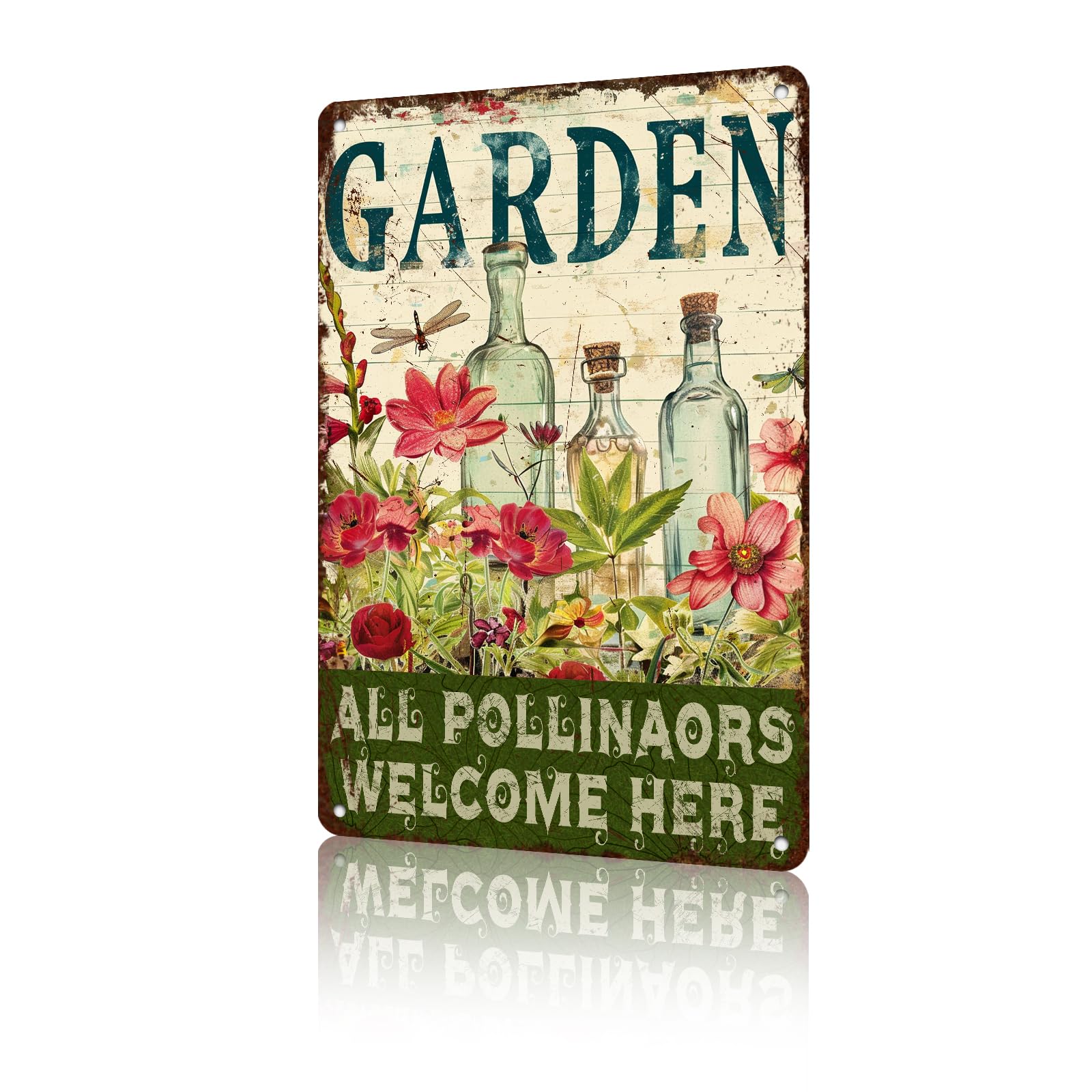 Anceky Metal Tin Sign Garden All Pollinaors Welcome Here Sign Retro Wall Decor for Home Farhouse Outside Yard Bar 12×8 Inch