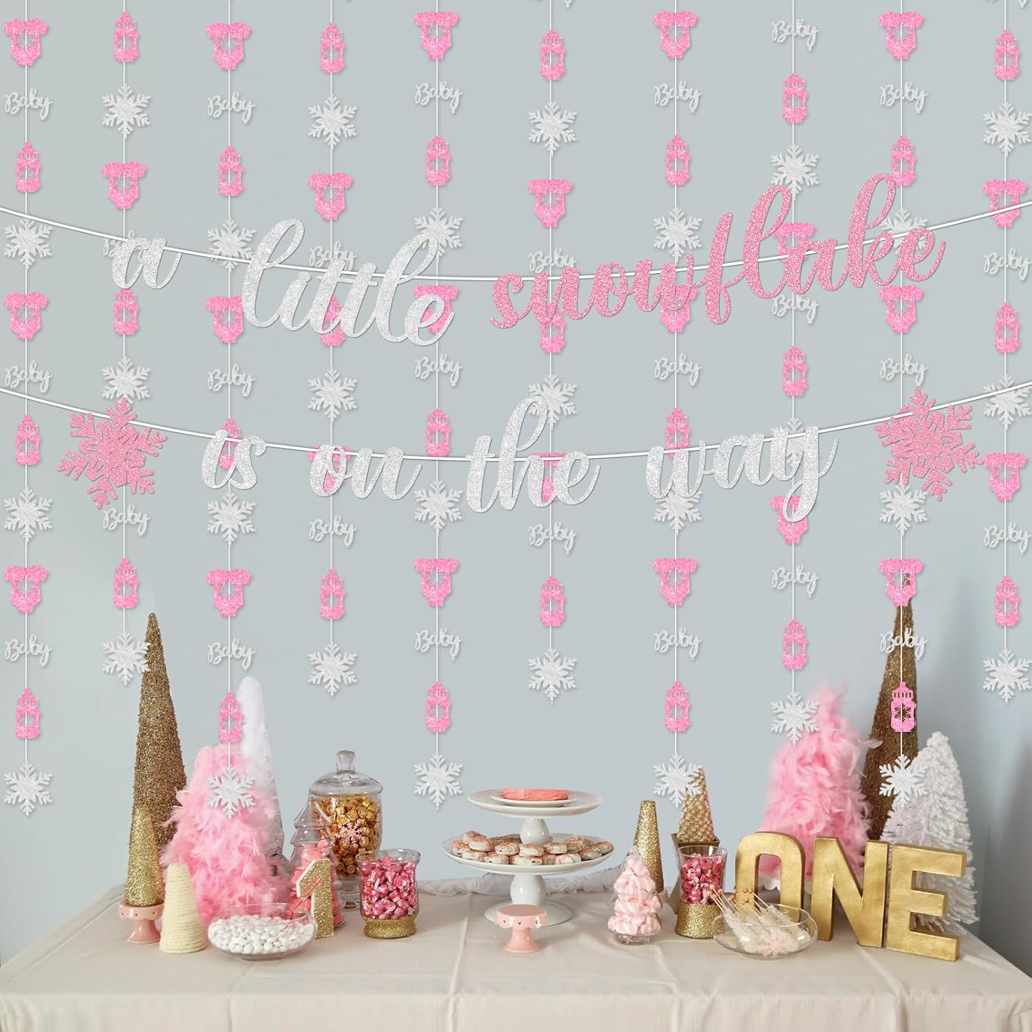 A Little Snowflake is On The Way Banner Pink Winter Snowflake Baby Shower Decor for Girl Onderland Hanging Garland Winter Onderland Baby Shower Decor for Winter Xmas Snowflake Gender Reveal