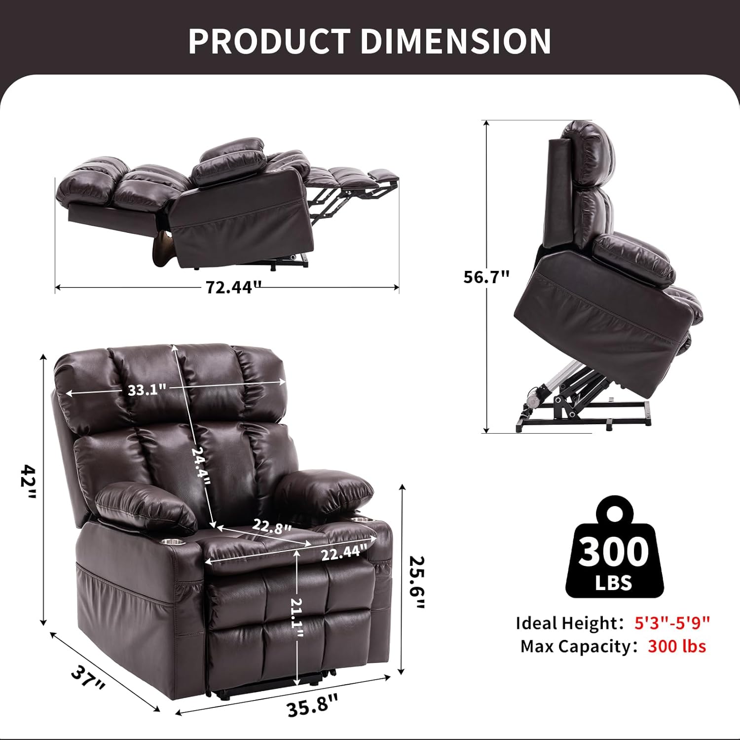 Dual Motor Power Lift Recliner Chair with Adjustable Headrest,Infinite Position for Elderly, Lift Chair with Massage and Heat,Zero Gravity, USB&Type-C, Cup Holders,Faux Leather Brown,Medium