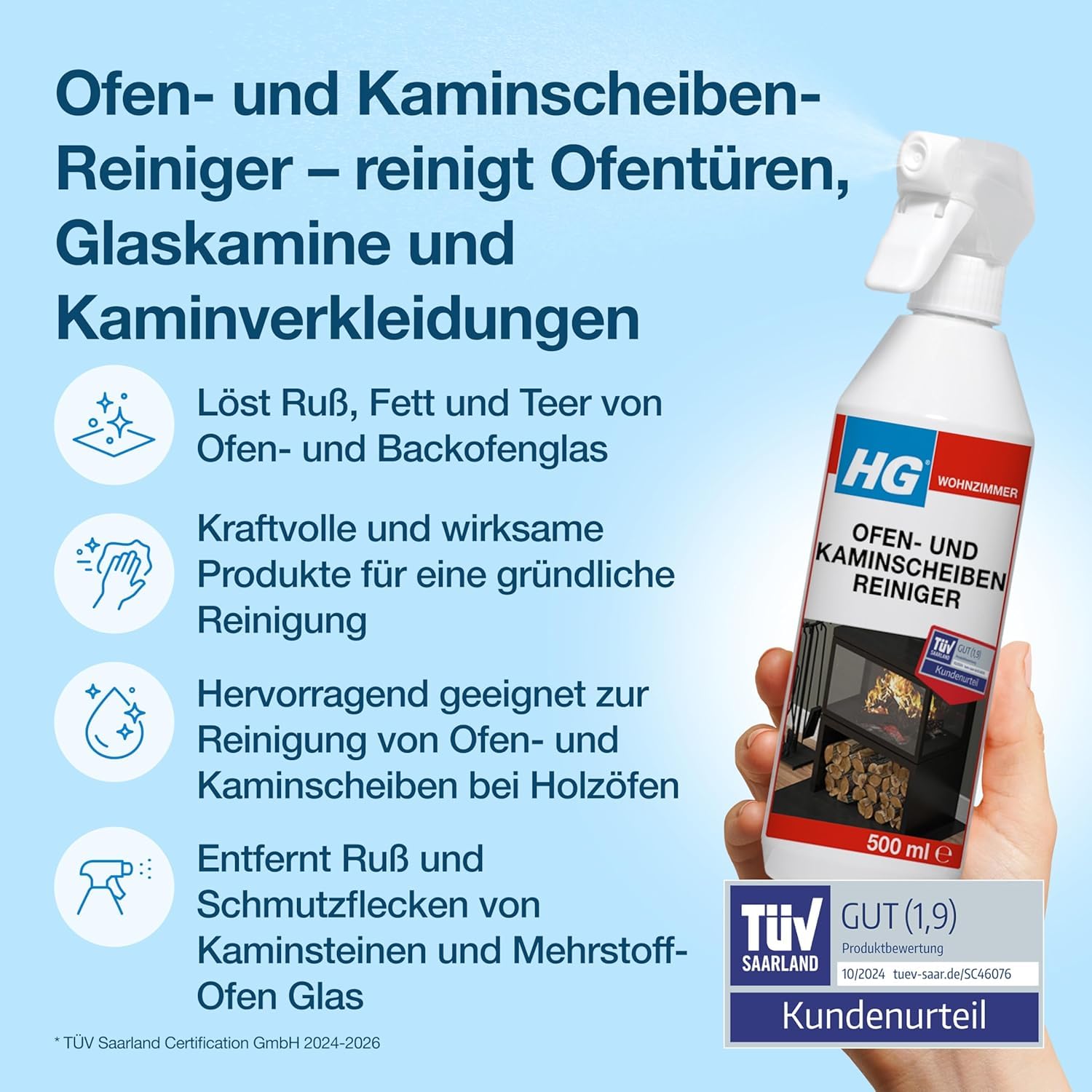 HG Ofen- und Kaminscheiben-Reiniger – Spezialreiniger gegen Ruß & Rauchbelag – 6er Set