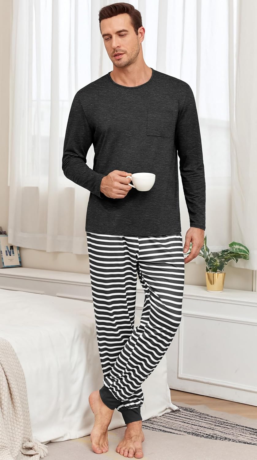 PrinStory Mens Pajamas Set Long Sleeve Pjs 2 Piece Pajama Soft Sleepwear Loungewear with Pockets - Image 3