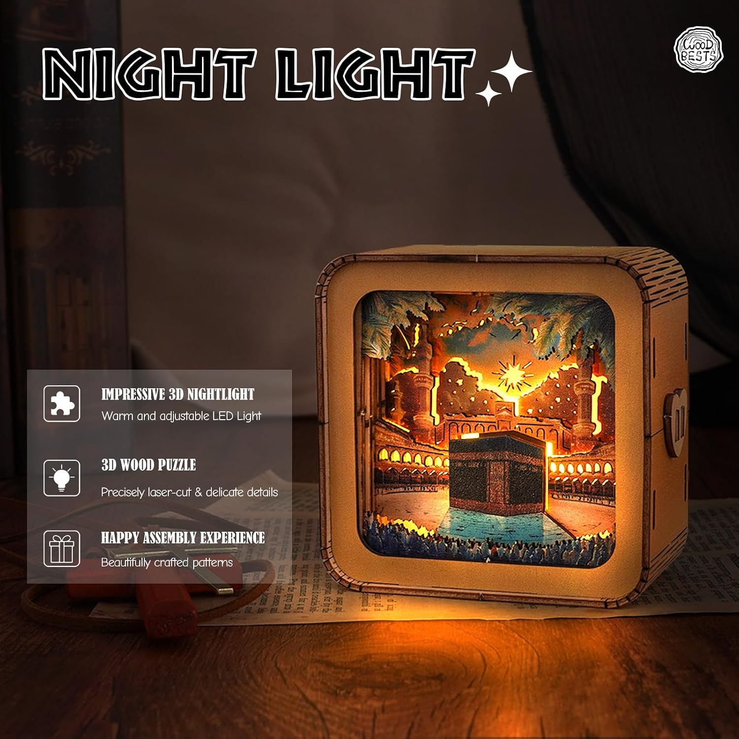 WOODBESTS 3D Puzzle Nightlight DIY Crafts for Adults (Kaaba Radiance) Home Decorations Birthday Gifts for Family and Friends