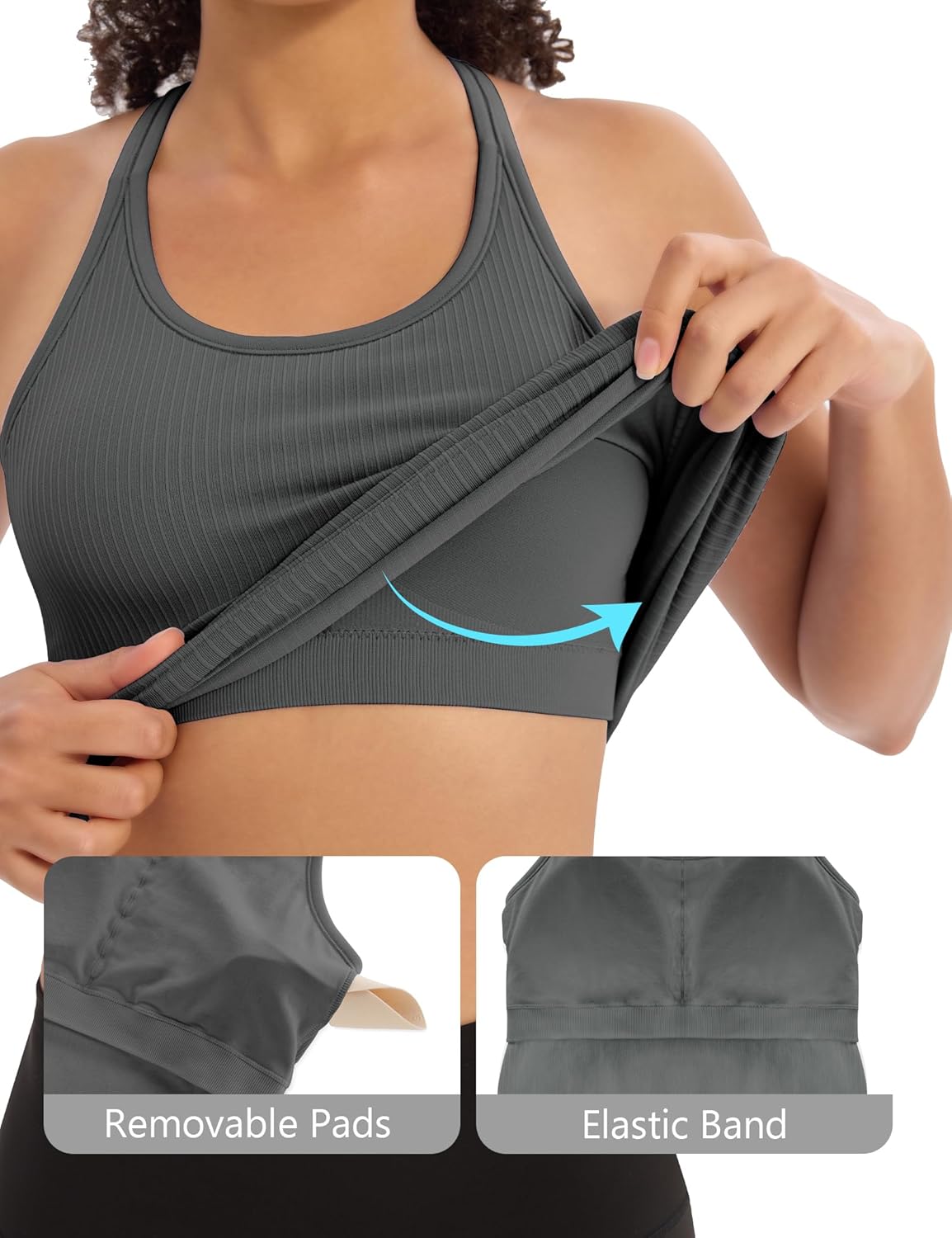 3 Pack Workout Tank Tops for Women with Built in Bra Ribbed Seamless Racerback Athletic Running Gym Yoga Tops