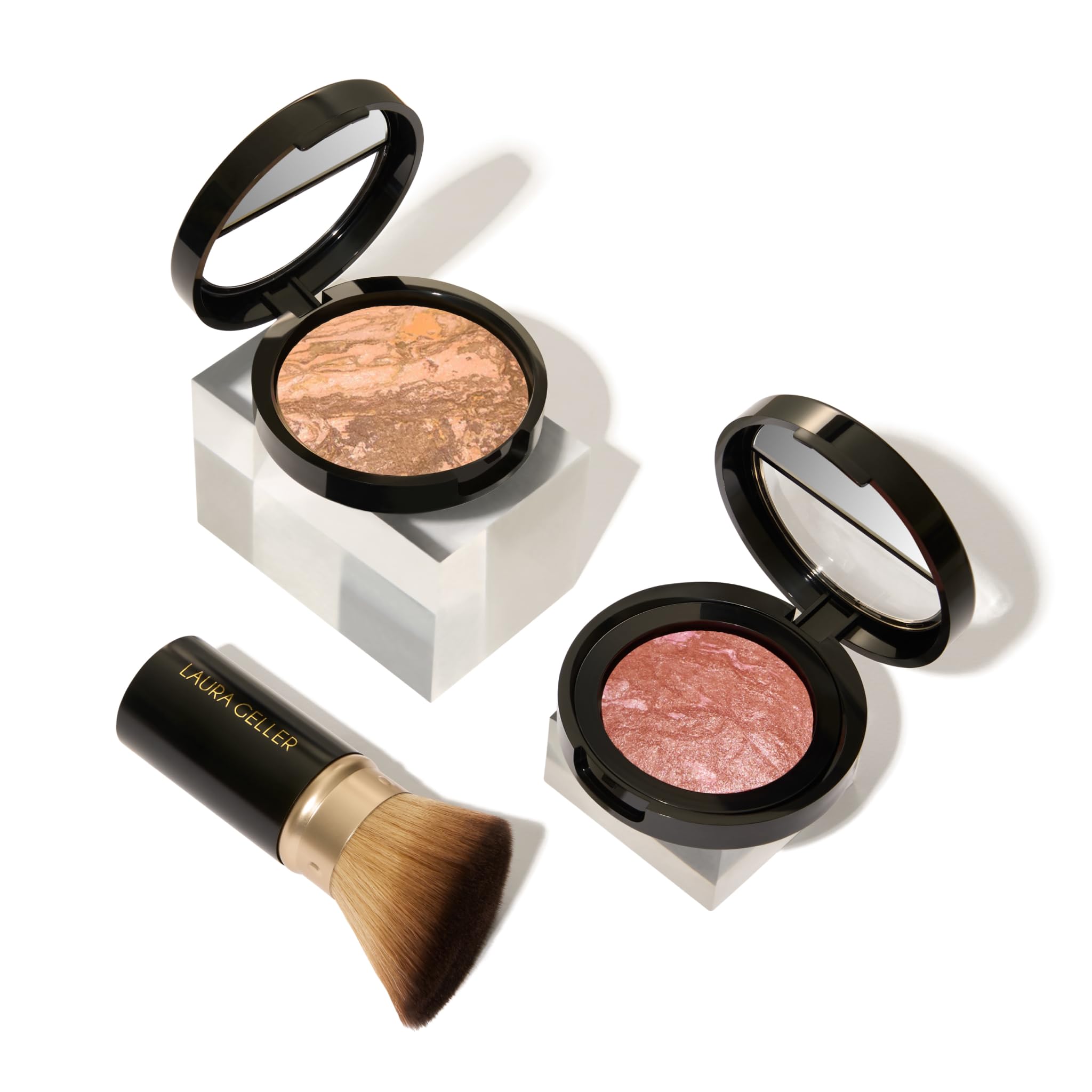 LAURA GELLER NEW YORK Blush-n-Glow Kit (3 PC): Baked Balance-N-Glow Illuminating Powder Foundation, Tan + Retractable Kabuki Brush + Baked
