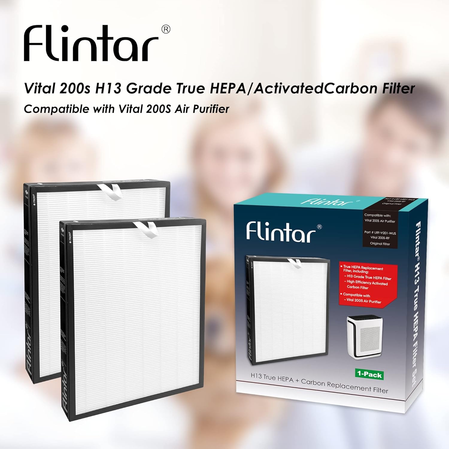 Flintar Vital 200S Replacement Filter, Compatible with LEVOIT Vital 200S-P Air Purifier, H13 Grade Filtration + Activated Carbon filter, Part # Vital 200S-RF, 2-Pack