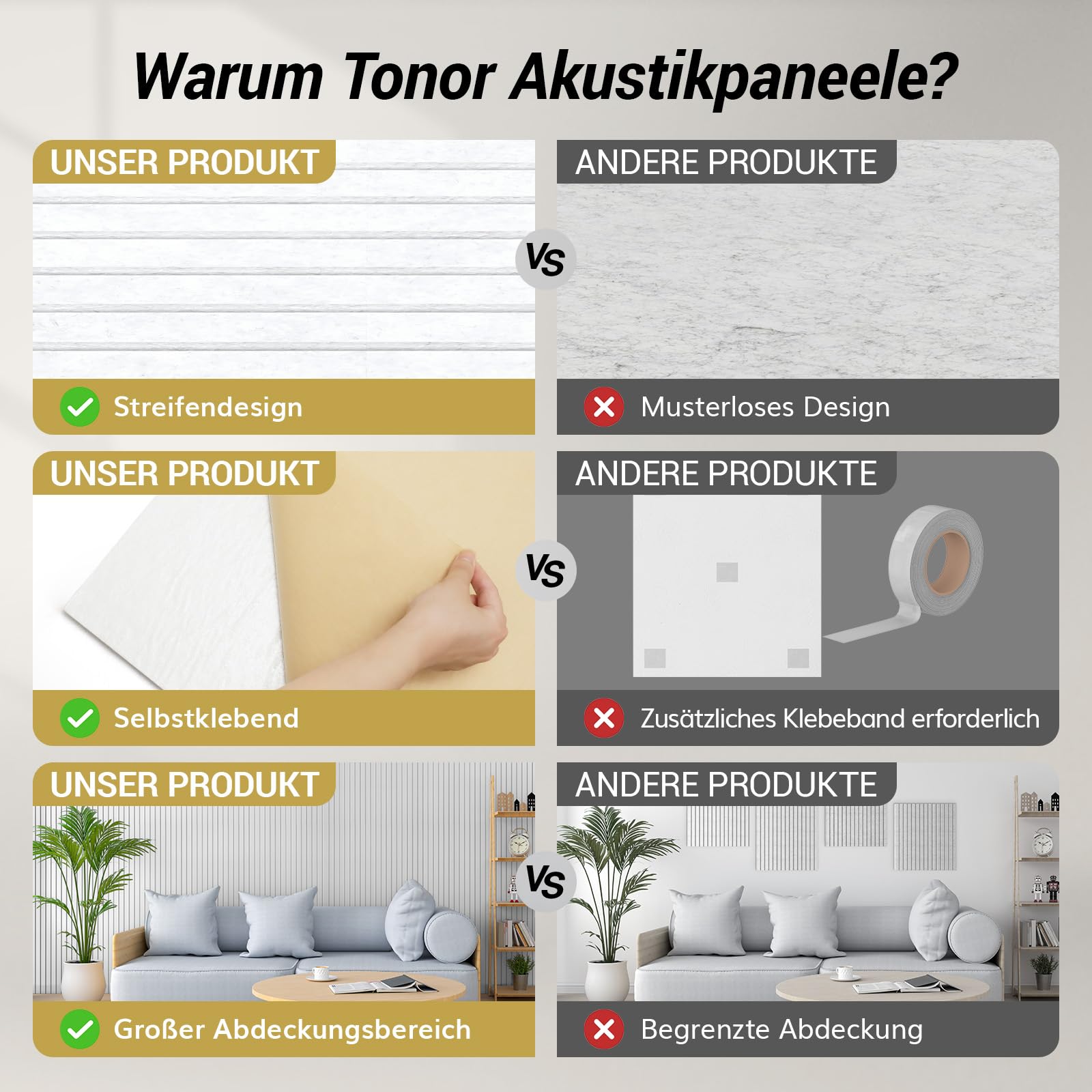 TONOR Groß Akustikpaneele selbstklebend, 8 pack 120x60x0.9 cm(5.76m²) Wandpaneele selbstklebend aus Schallschutzplatten, Wandverkleidung für Akustikplatten und Wanddeko für Studio Büro, Weiß