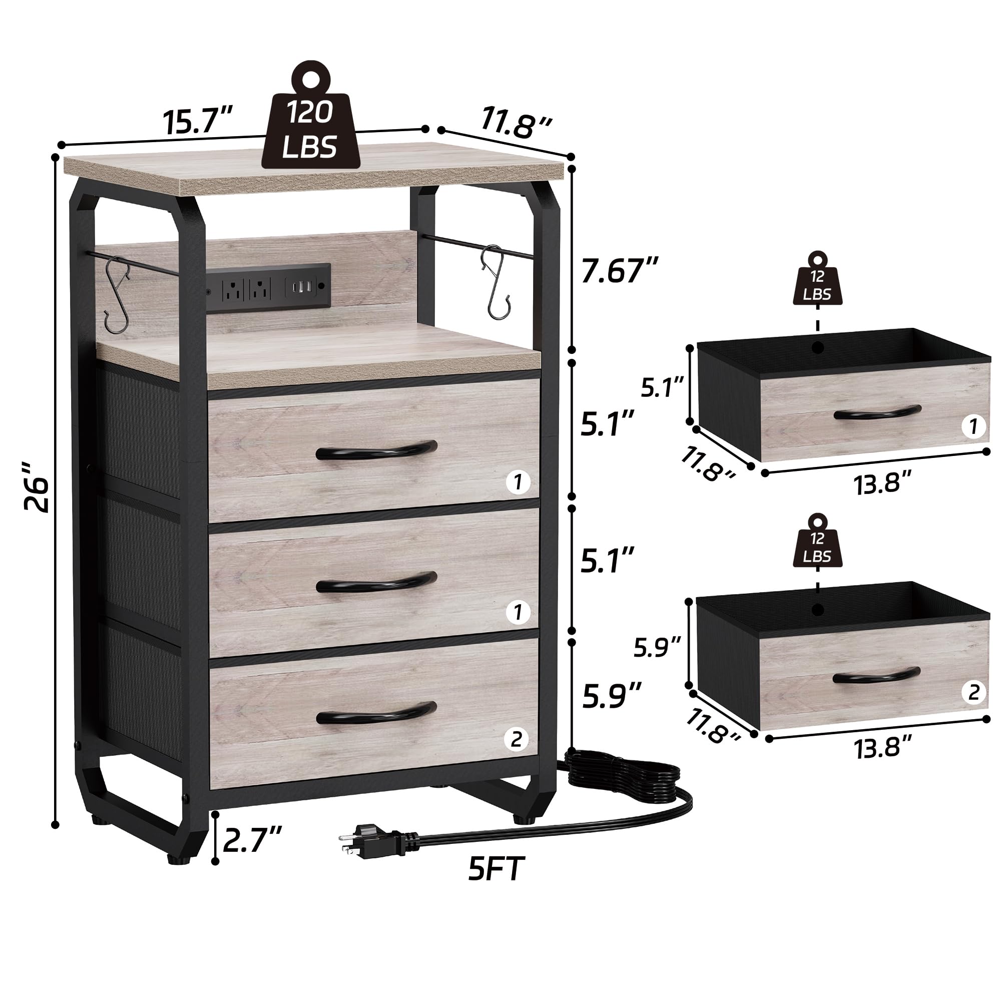 runjuly Tavolino da letto con 3 cassetti in tessuto, comodino con stazione di ricarica, comodino a LED con ganci, comodini con contenitore, comodini per soggiorno, camera da letto (beige)