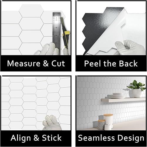 Miniatura 7 de The Tiles Plaza Azulejo protector contra salpicaduras para cocina despegar y pegar. Azulejo de pared autoadhesivo hexagonal largo blanco. Azulejo de