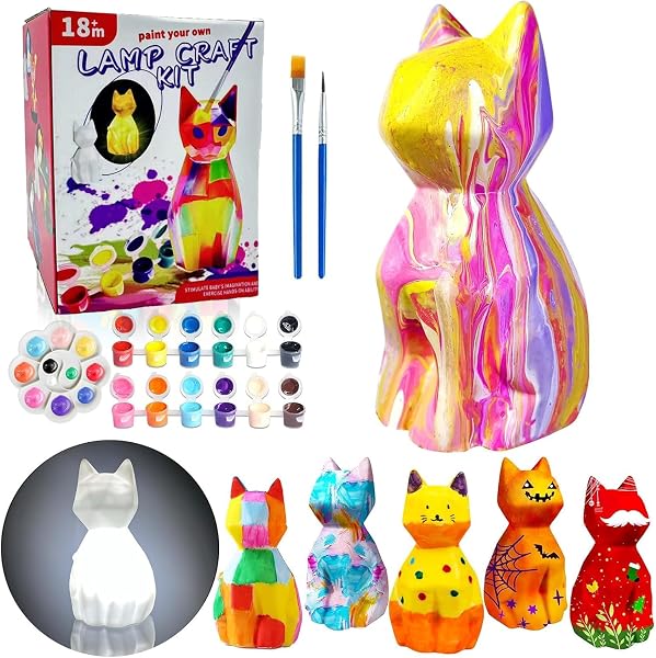 描ける 動物ランプ お絵描きキット 絵の具セット 工作キット DIY 手作りキット 間接照明 ナイトライト メイキングトイ 男の子 女の子 お誕生日 入学 お祭り クリスマス ハロウィーン プレゼント ギフト (猫ランプ) - 1