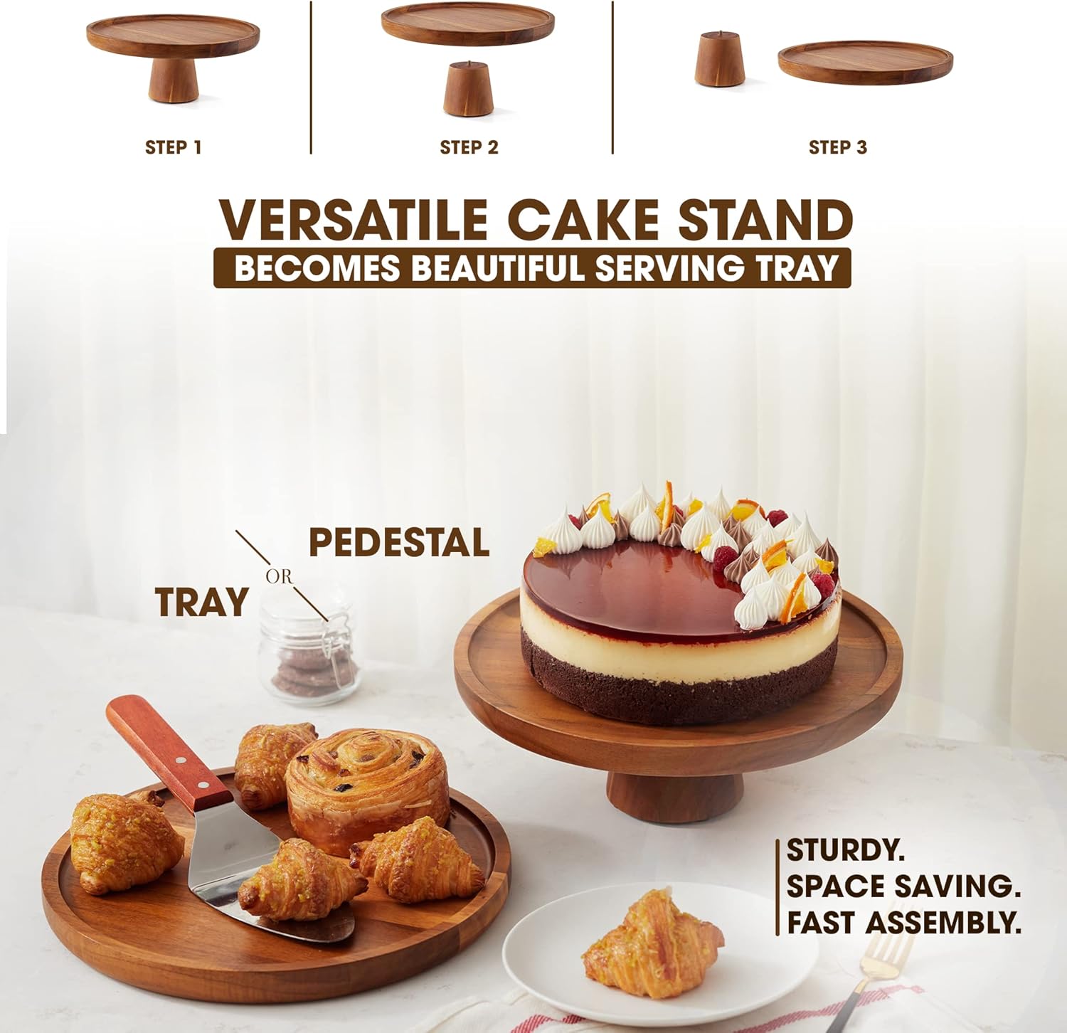 TIDITA 11" Acacia Wood Cake Stand with Icing Spatulas – Cake Stand Wooden - Wedding and Birthday Cake Pedestal - 100% Natural Ideal for Use at Parties, Weddings, Restaurants (11 Inch) : Home & Kitchen