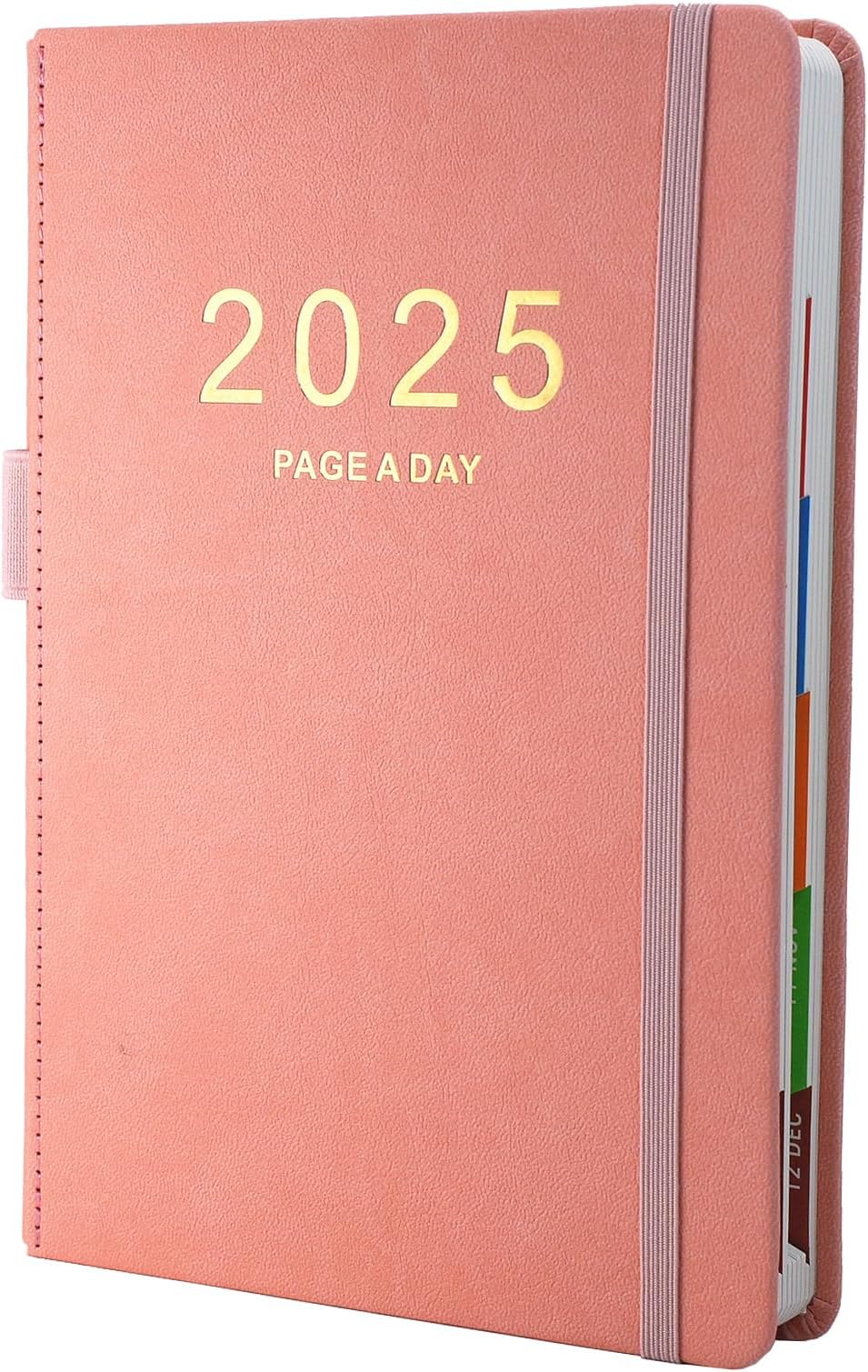 2025 Diary A5 Day Per Page, From Jan to Dec, Productivity A5 Daily Planner, Full Year Daily Planner with Colorful Monthly Tabs, Fine Inner Pocket, 5.9" × 8.5" (Pink)