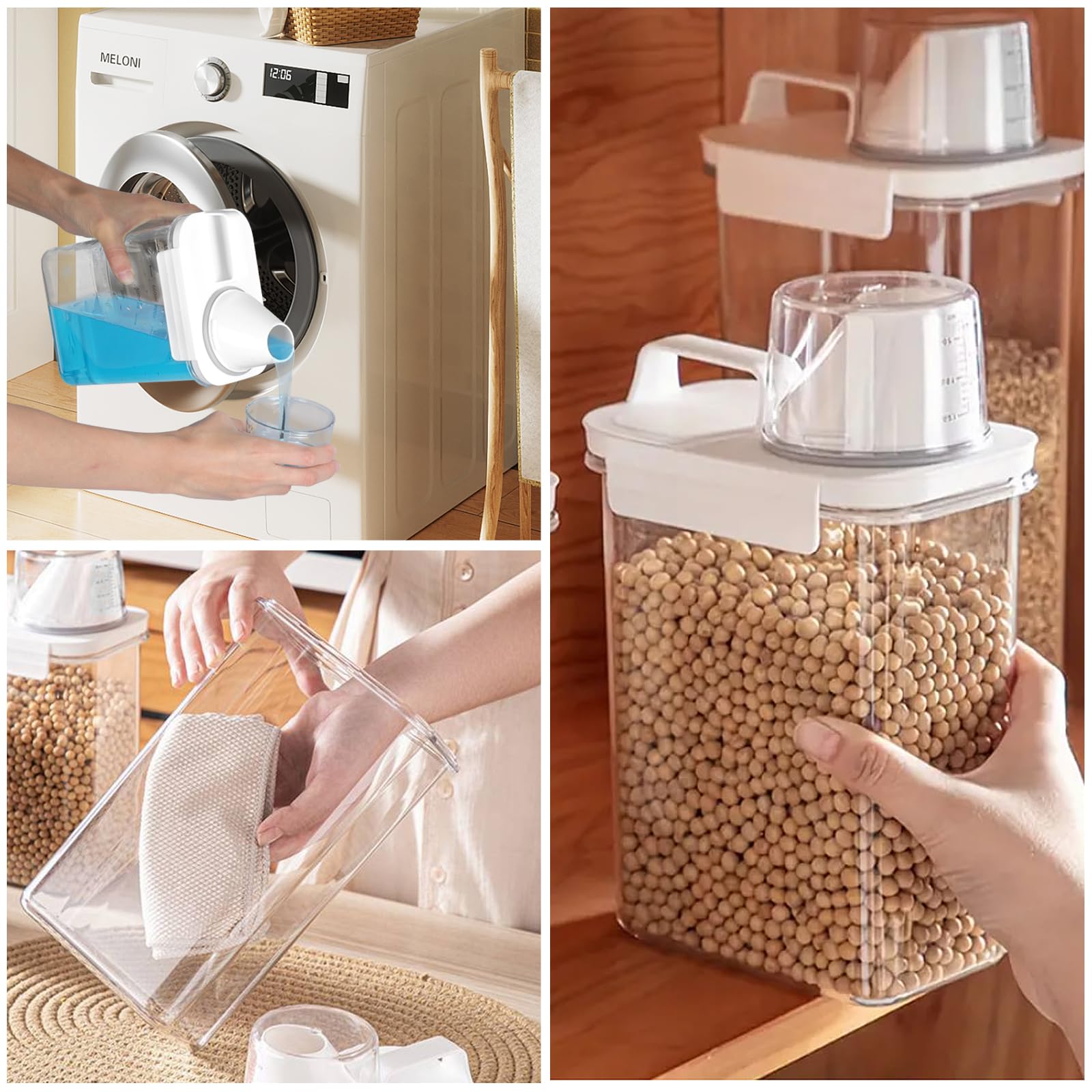 2 Pezzi 1800ML Dispenser Detersivo Lavatrice con Misurino, Ermetico Contenitori Detersivi Lavanderia, Dosatore per Detersivo e Detersivo in Polvere, Contenitore per Cereali Zucchero Muesli