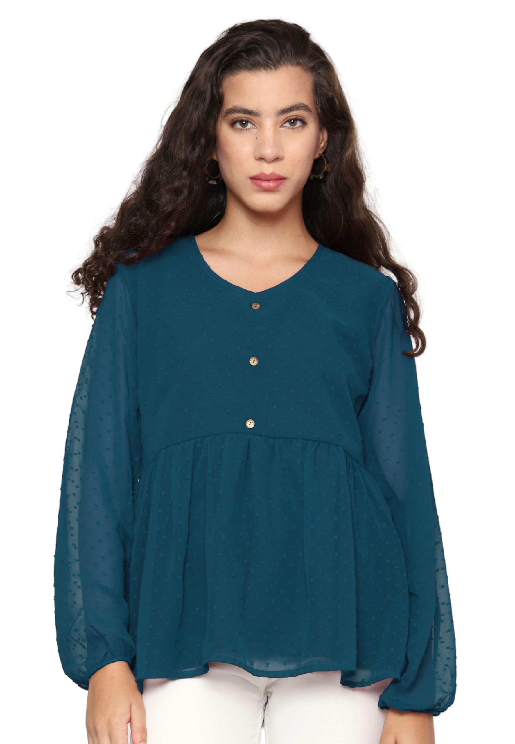 stylistico Georgette Summer wear Office Western Casual Stylish v-Neck Peplum Balloon Full Sleeve Tops for Women Latest-picture-19