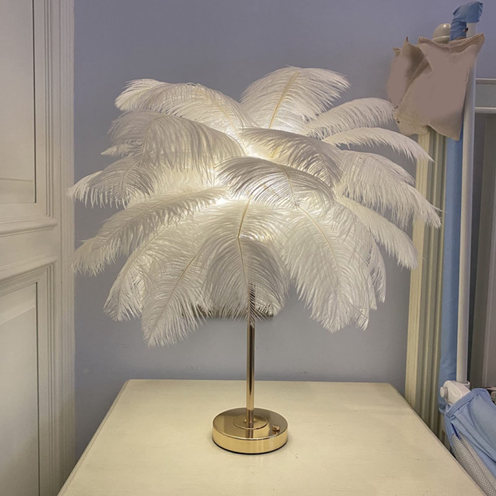 Lámpara de mesa de plumas, lámpara de mesa al lado, moderna y elegante luz de mesa, luz de noche de escritorio, lámpara de mesa de plumas, interruptor táctil, lámpara de pluma de avestruz
