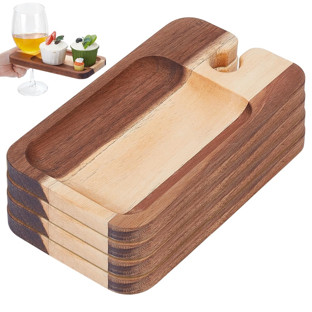 UNICRAFTALE 4 Stück Wein Vorspeisenteller Holz Cocktailteller mit Glas Halter Kamel Käsebrett mit Weinhalter für Familienfeiern Picknick Partys 21x12x1.5cm
