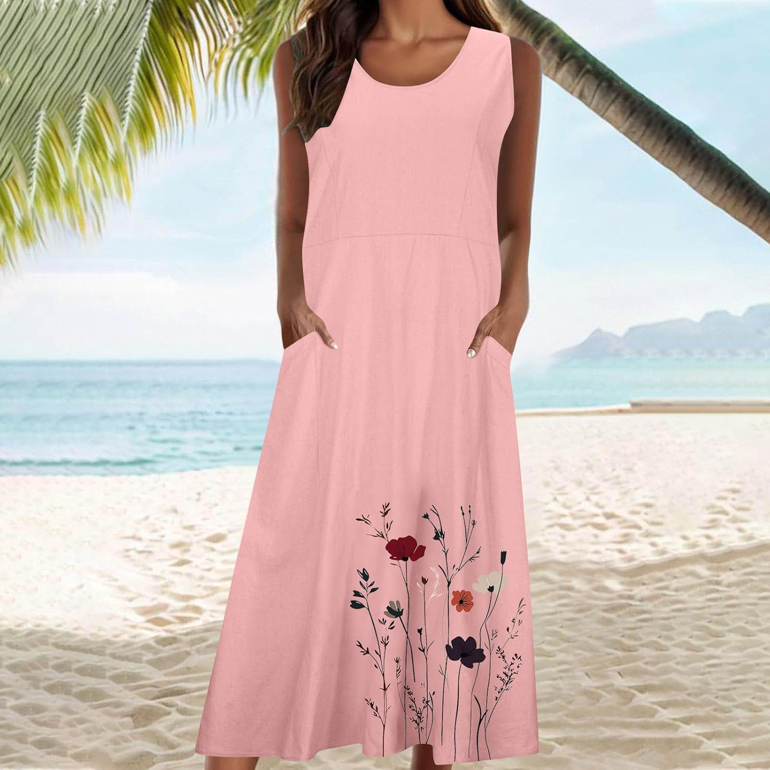 Women's Flowy Summer Linen Maxi Dress, Loose Crewneck Sleeveless Swing Beach Vacation Dresses with Pockets