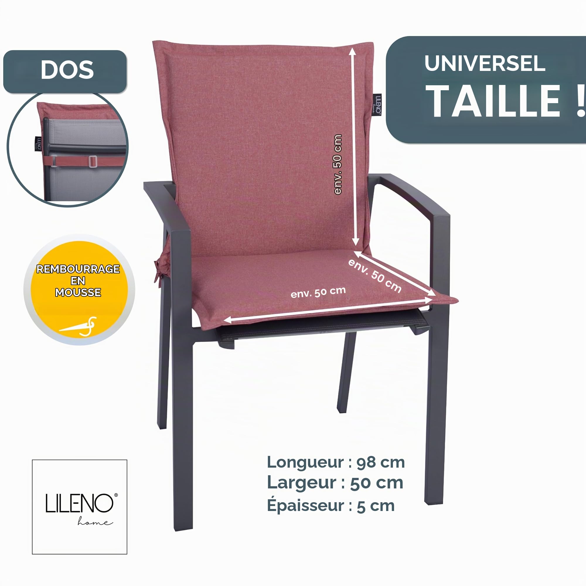 LILENO HOME Malta Coussins pour chaise de jardin, en set de 2, pour chaise longue à dossier bas, rouge, coussins confortables pour chaises pliantes