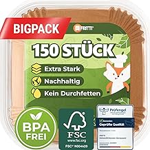 FRITTI Backpapier für Heißluftfritteuse 150 Stück DEKRA geprüft 16-20 cm quadratisch Heissluftfritteuse Zubehör Papier für Airfryer 2-5L