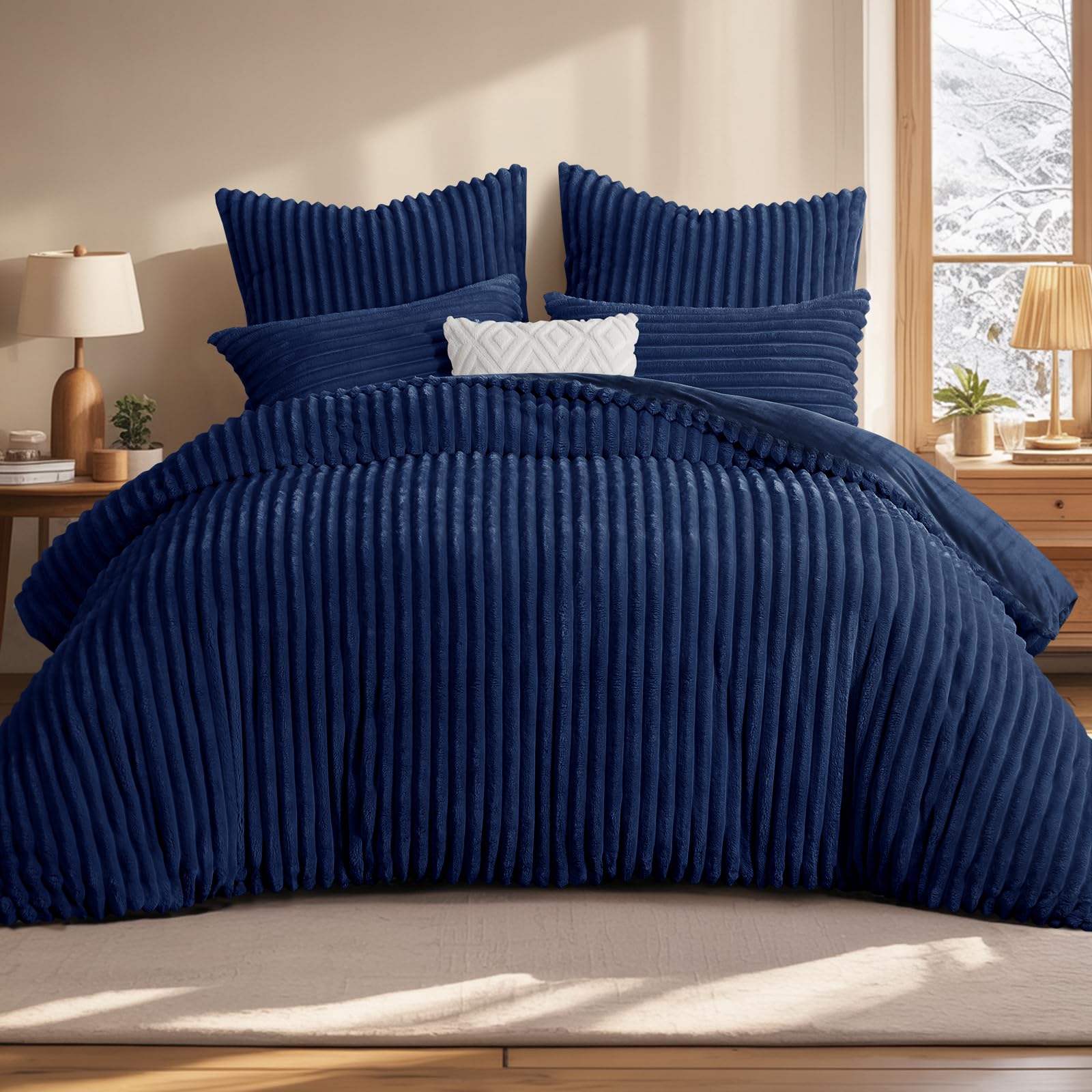 Aisbo Winter Warm bettwäsche 220x240 3teilig Dunkelblau - Cord Flauschige Flanell Winterbettwäsche Plüsch Teddy Fleece Cashmere Touch Bettbezug und 2 Kissenbezüge 80x80 cm mit Reißverschluss