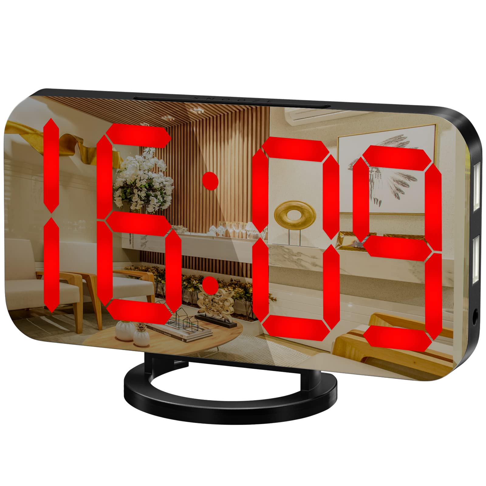 WulaWindy Digital Alarm Clock, Large Mirrored LED Display, with USB Charger, Snooze Function Dim Mode Wall Hanging Beside Desk Clock for Bedroom (Black-red)