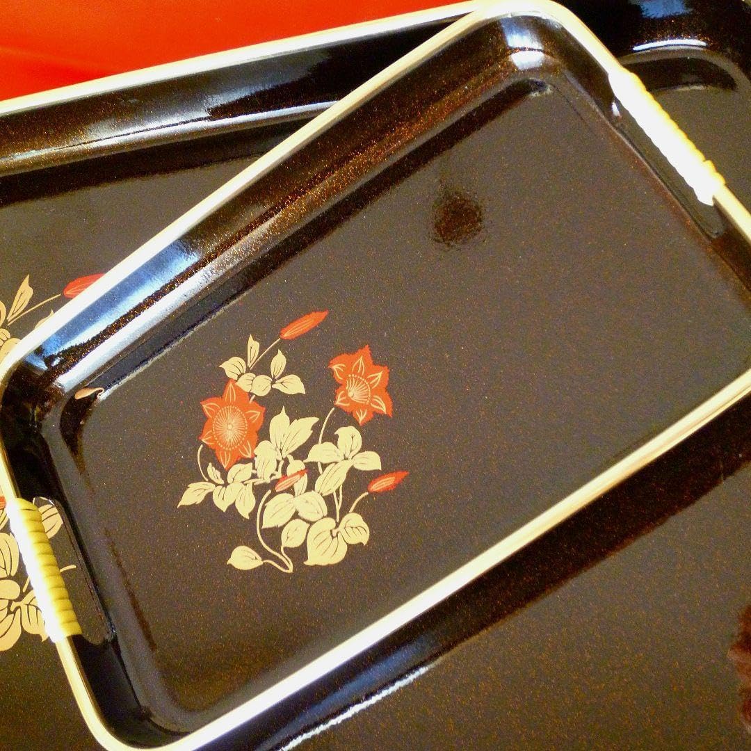 金蒔絵 嵯峨野 長角盆 大小2点 朱赤金彩ききょう模様 木製 漆器