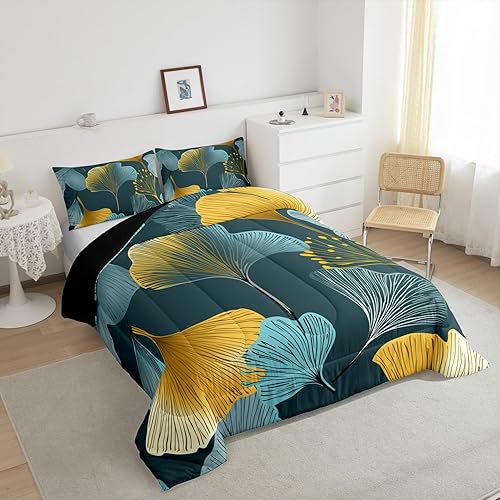 Miniatura 10 de Erosebridal Juego de edredón de hojas de ginkgo tamaño Queen juego de ropa de cama de hoja de ginkgo y biloba para niños edredón botánico estilo