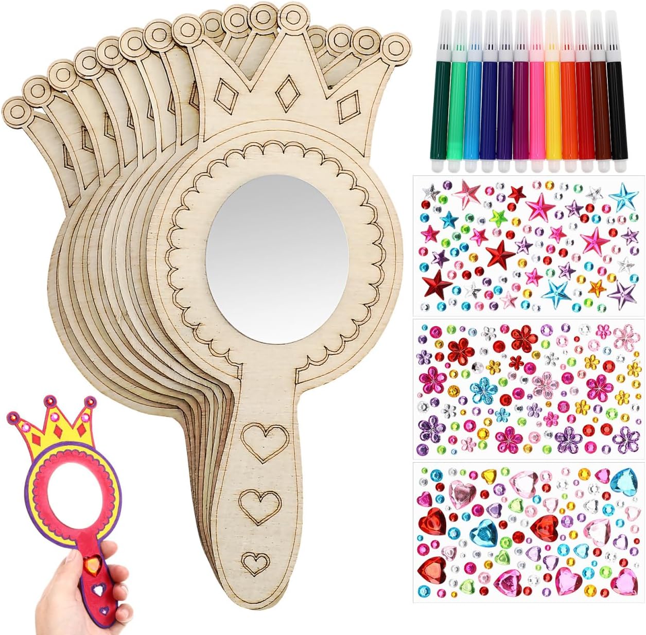 Toddmomy 8 Pack Wooden Mirror Craft for Kids, Crown Shape DIY Princess Mirror Kit with 12 Coloring Pens & 3 Rhinestone Stickers for Birthday Party Favors Art Activities