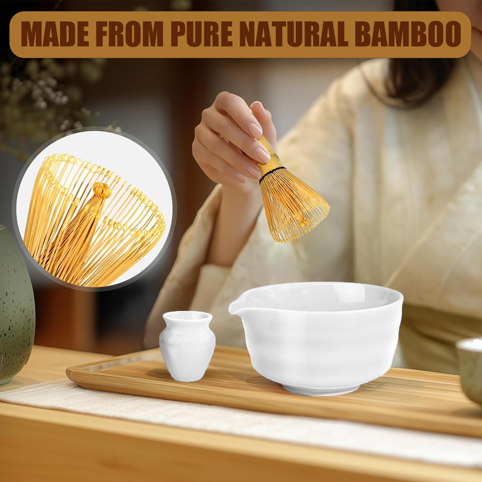 Japanisches Matcha-Set für Zeremonien, 7-teilig, Schüssel, Schneebesen, Löffel, Sieb, Schneebesen und Löffel, komplettes Matcha-Set, ideal für Zuhause und als Geschenk (weiß)