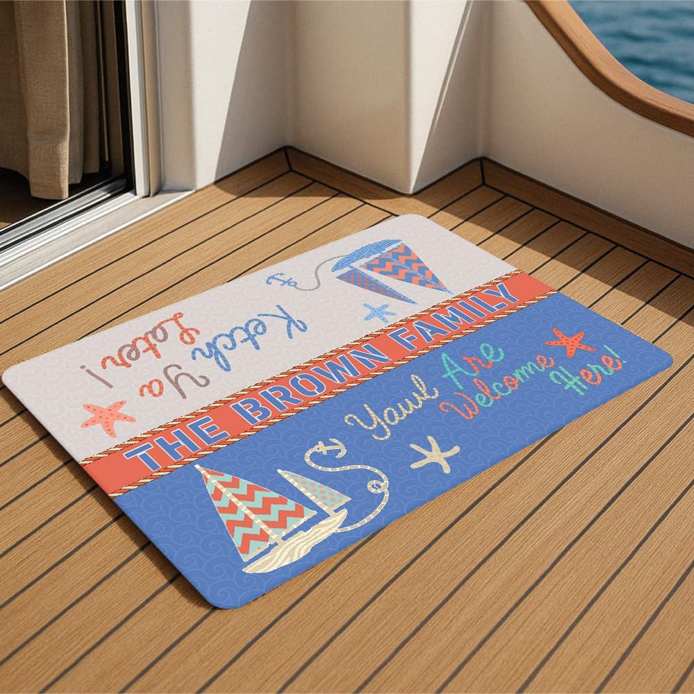 Personalized Coastal Doormat for Beach House – Custom Family Name Nautical Welcome Mat with Anchor and Sailboat Icons – Funny Outdoor Rug for Porch, Lake Cottage, Vacation Home, or Entry Decoration