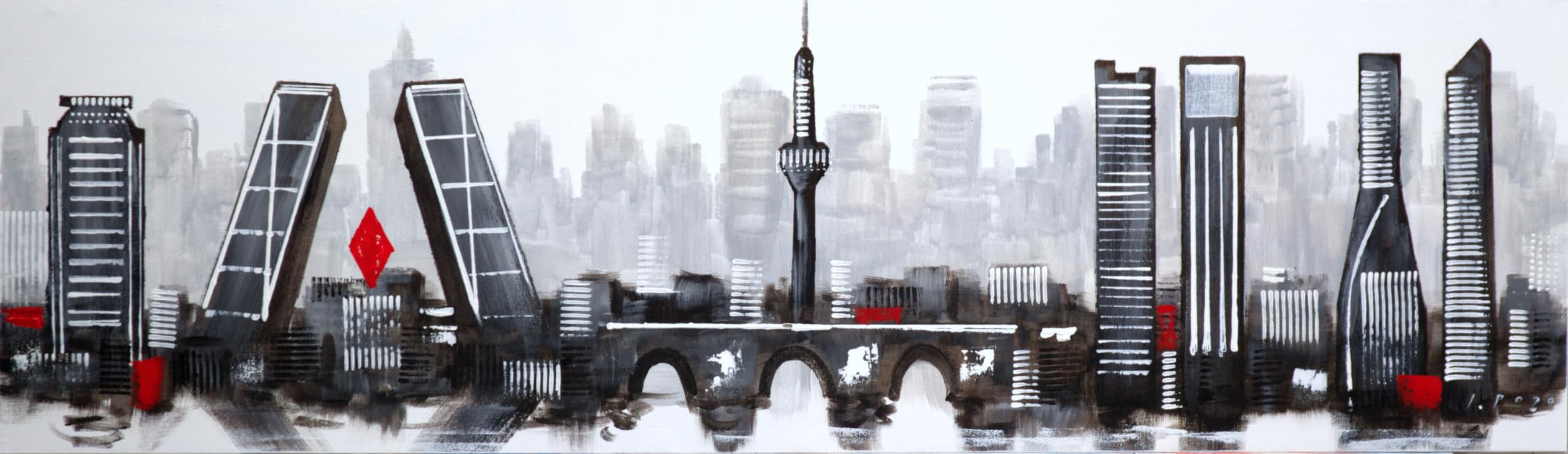 Cuadroexpres - Cuadro Pintado de Madrid 120x35 cm Moderno, Blanco y negro con detalles en Rojo, sobre Lienzo, listo para colgar. 100% Original. Firmado por el artista.