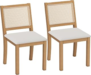 HOMCOM Set med 2 matsalsstolar, köksstolar med vadderad sits, ryggstöd med rottingeffekt, struktur i massivt heveaträ, linneutseende, kräm- och ekutseende