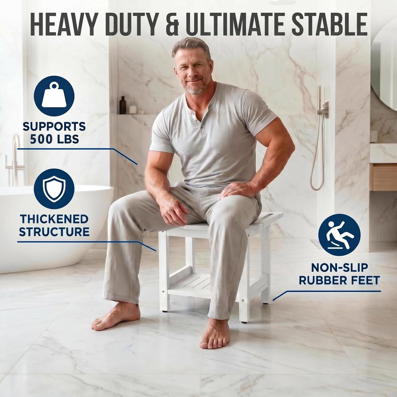 Silla de ducha impermeable con estantes de almacenamiento (blanco)