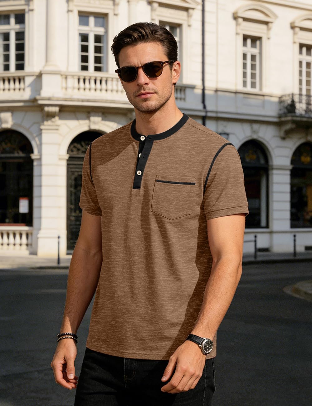 Men's Henley Shirt Casual Button Short Sleeve T-Shirt Summer Patchwork Color Block Tee Shirts