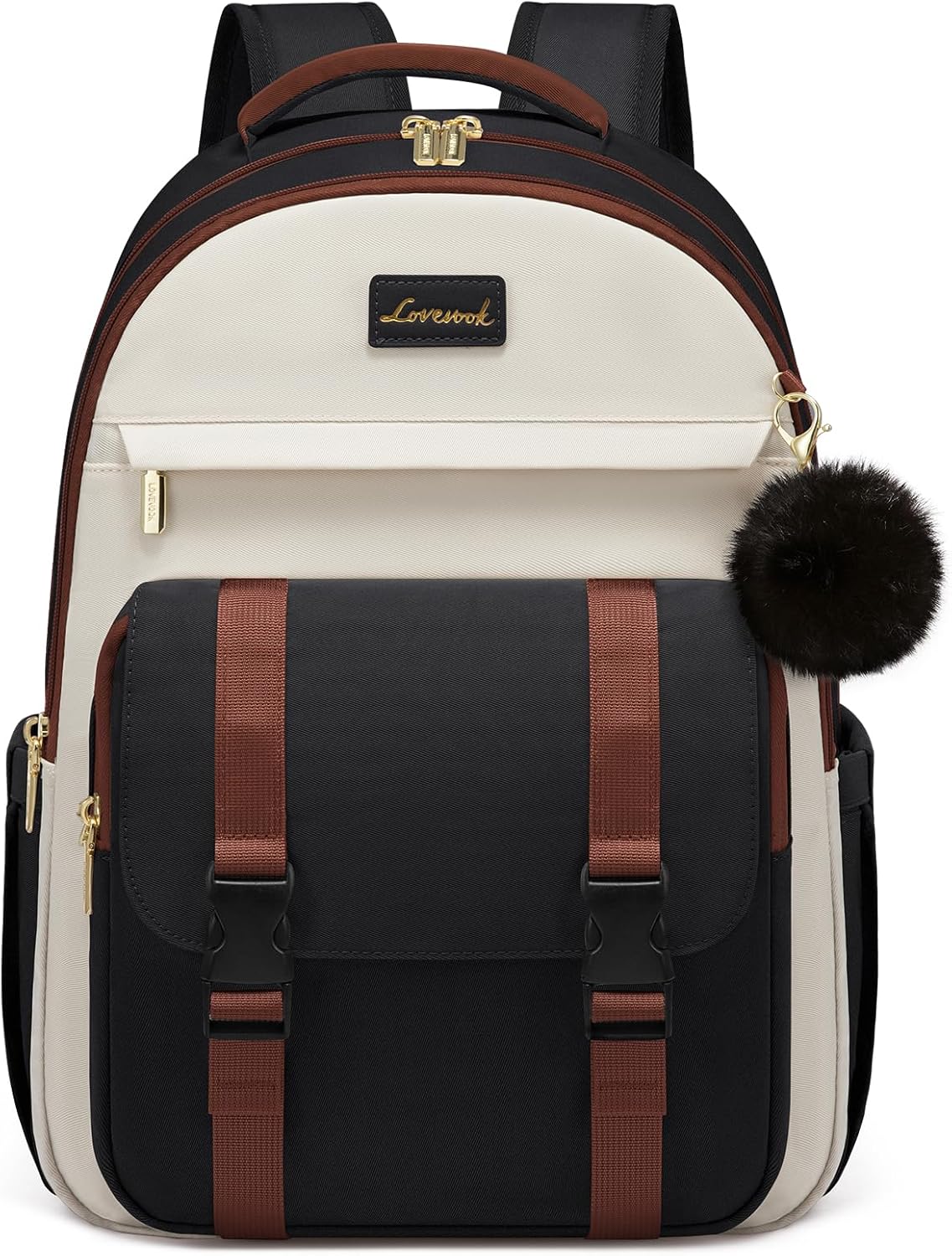 LOVEVOOK School Backpack for Teen Girls, Cute Student Backpack Purse Kid Bookbag for 14-16 Teenage, Back to School Backpacks Fit 15.6 Inch Laptop, Large College Travel Bag, Black-Beige-Brown