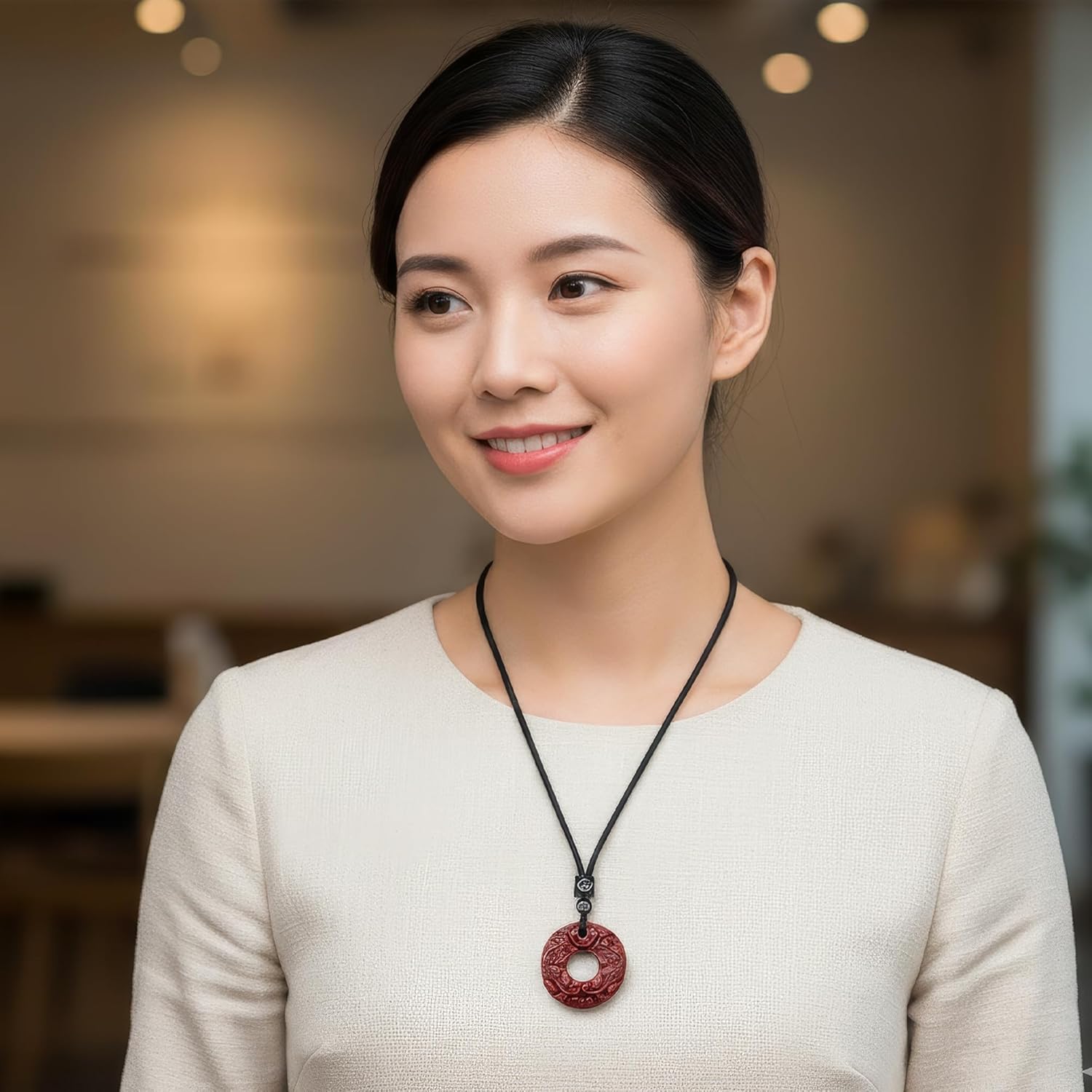 Cinnabar Pi Xiu Pendant Necklace, Feng Shui Amulet for Wealth & Protection, Carved Donut Good Luck Charm on Adjustable Cord - Image 2