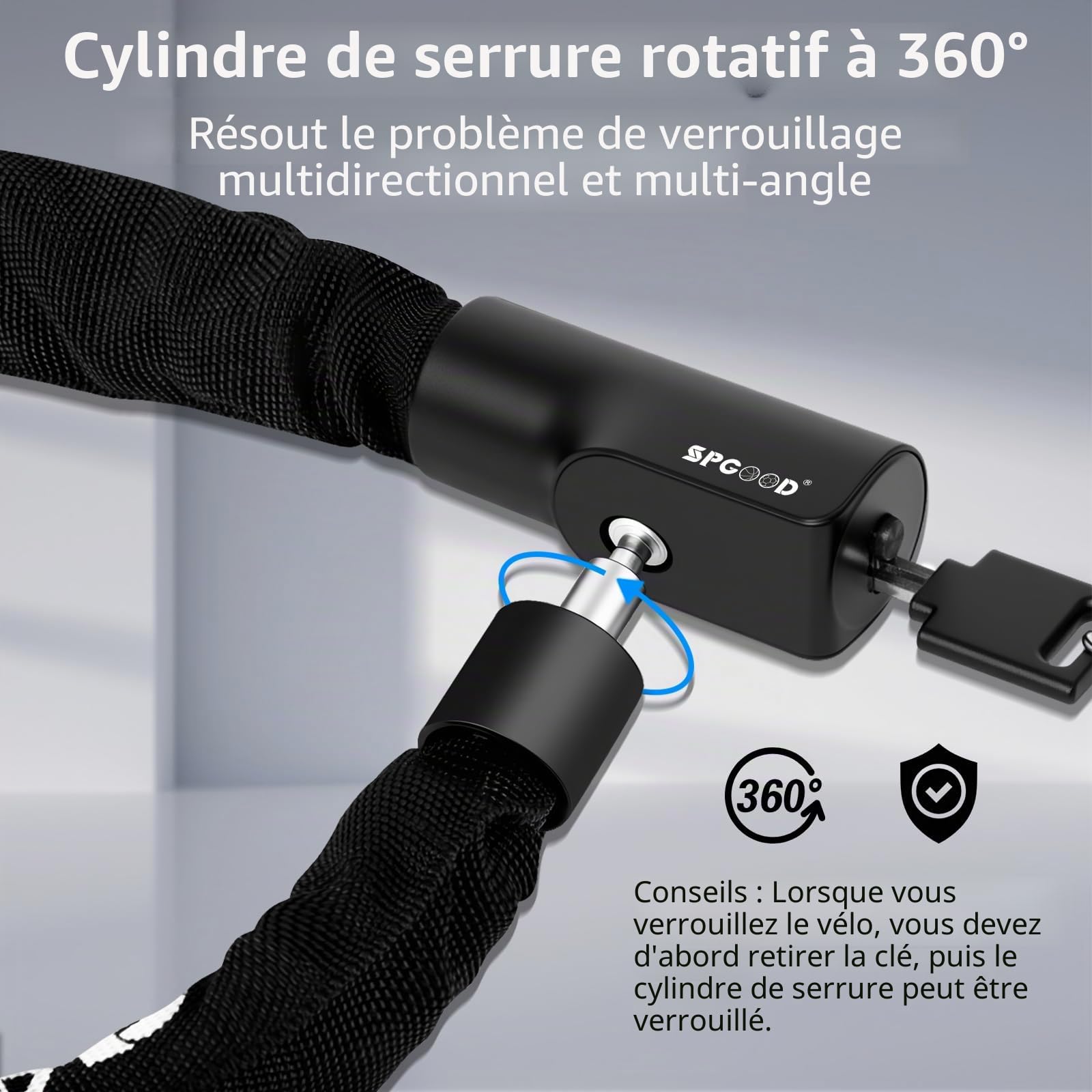 SPGOOD Antivol de vélo avec 3 clés, 90 cm en chaîne en acier de 6 mm, cadenas de vélo avec housse étanche, antivol haute sécurité pour vélo, vélo électrique, VTT, moto(Noir)