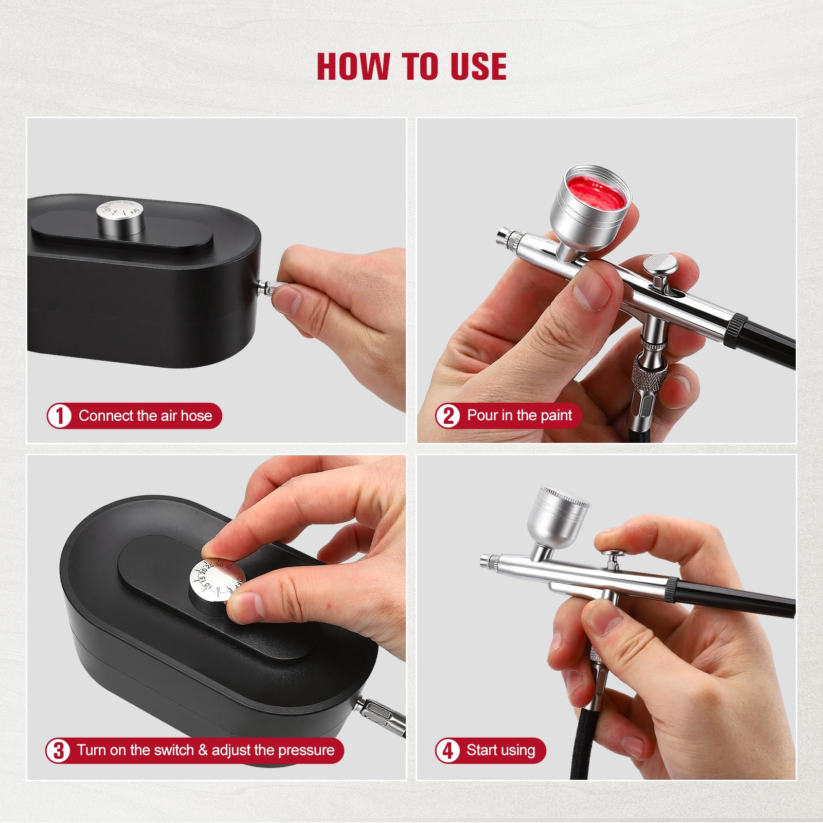 Kit de compresor para aerógrafo, 48 PSI doble acción con boquillas de 0.2/0.3/0.5 mm, kit de pintura de alta presión con 3 modos ajustables para modelismo, maquillaje, repostería y manicura