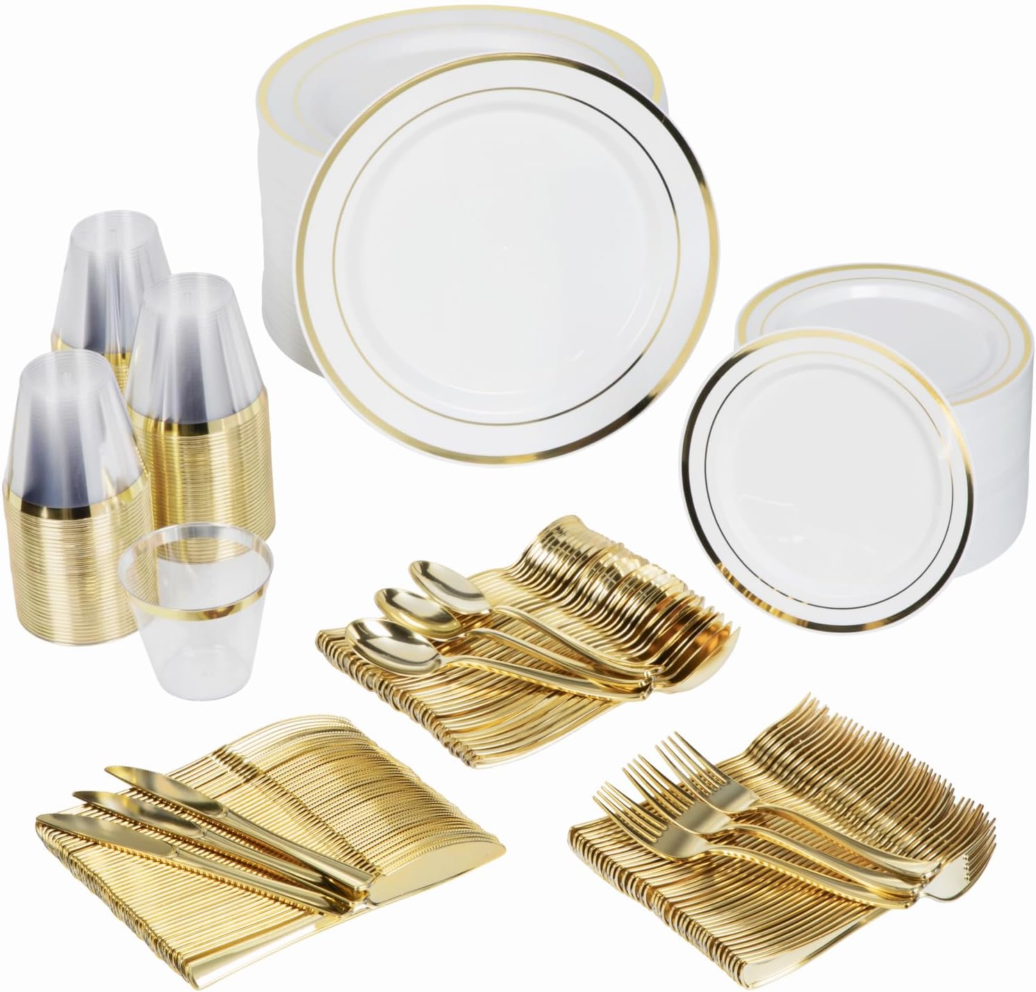Prestee 600-Piece Disposable Party Dinnerware Set for 100 Guests - Gold Silverware Disposable with Plates, Cups, Knives, Forks, Spoons - Elegant Utensils for Wedding, Reception and Events Supplies